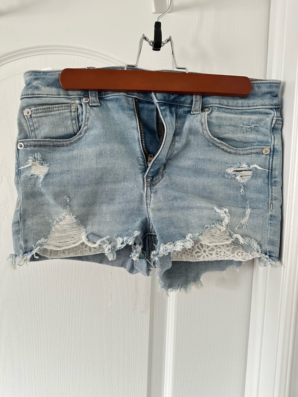 American Eagle Outfitters Light Blue Distressed Denim Shorts with Lace